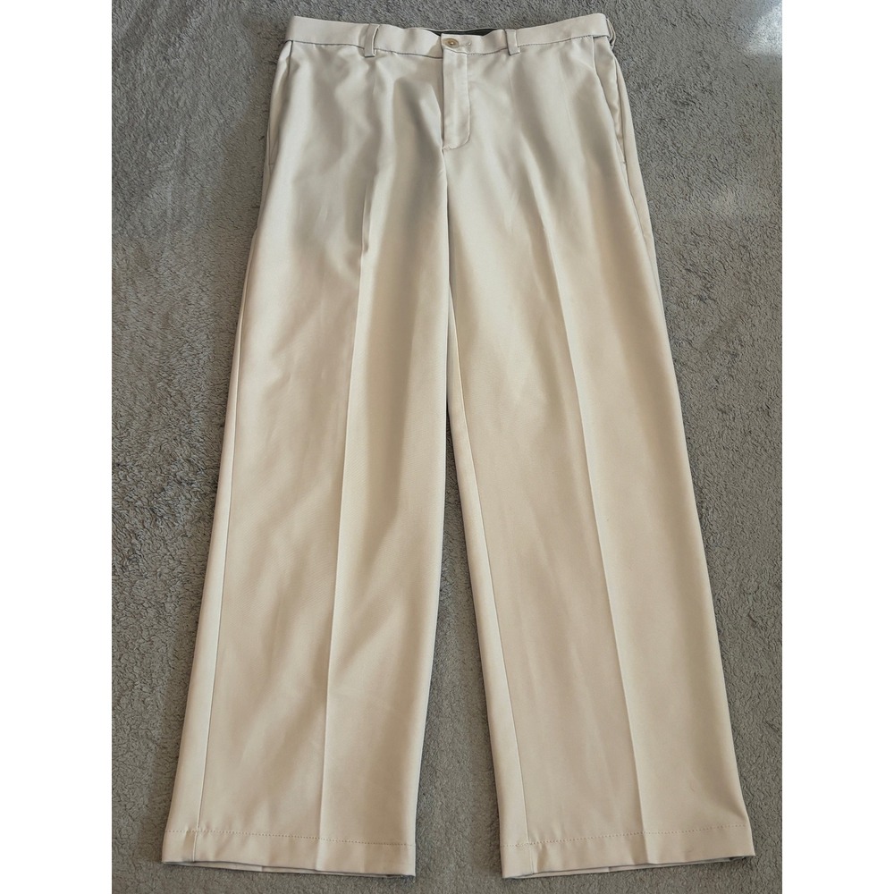 Haggar Cool 18 PRO Mens Dress Pants 32x30 Classic Fit Beige Tan Flat Front Golf